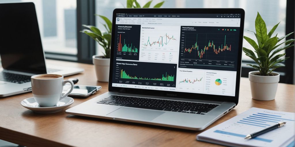 Laptop showing financial graphs on desk